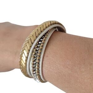 Stella & Dot Gilded Path Double Wrap Bracelet White Gold Silver Leather Snap